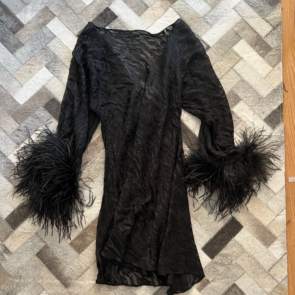 Dana Foley Cowlneck Feather Dress (Black Sheer Animal Print)